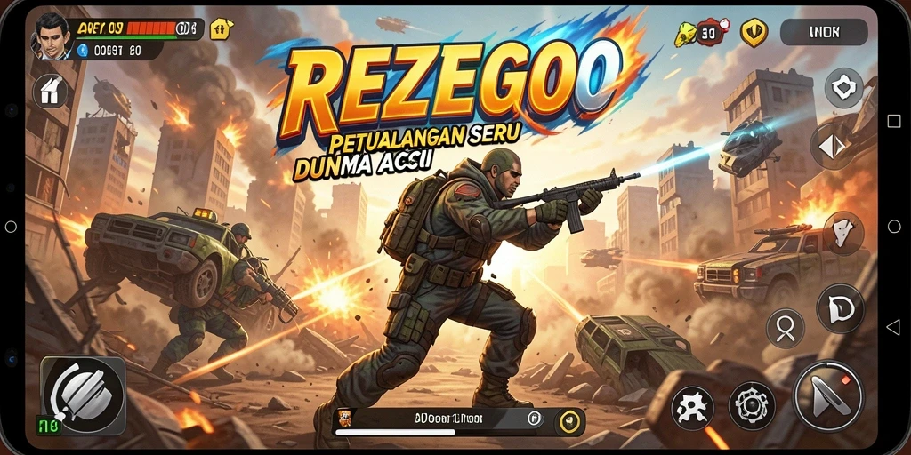 Tampilan gameplay mendebarkan dalam REZEGO yang penuh aksi.