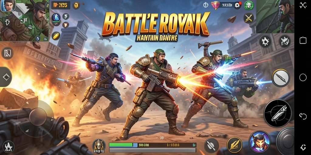 Screenshot utama RK55 menampilkan aksi pertempuran dalam Battle Royale.
